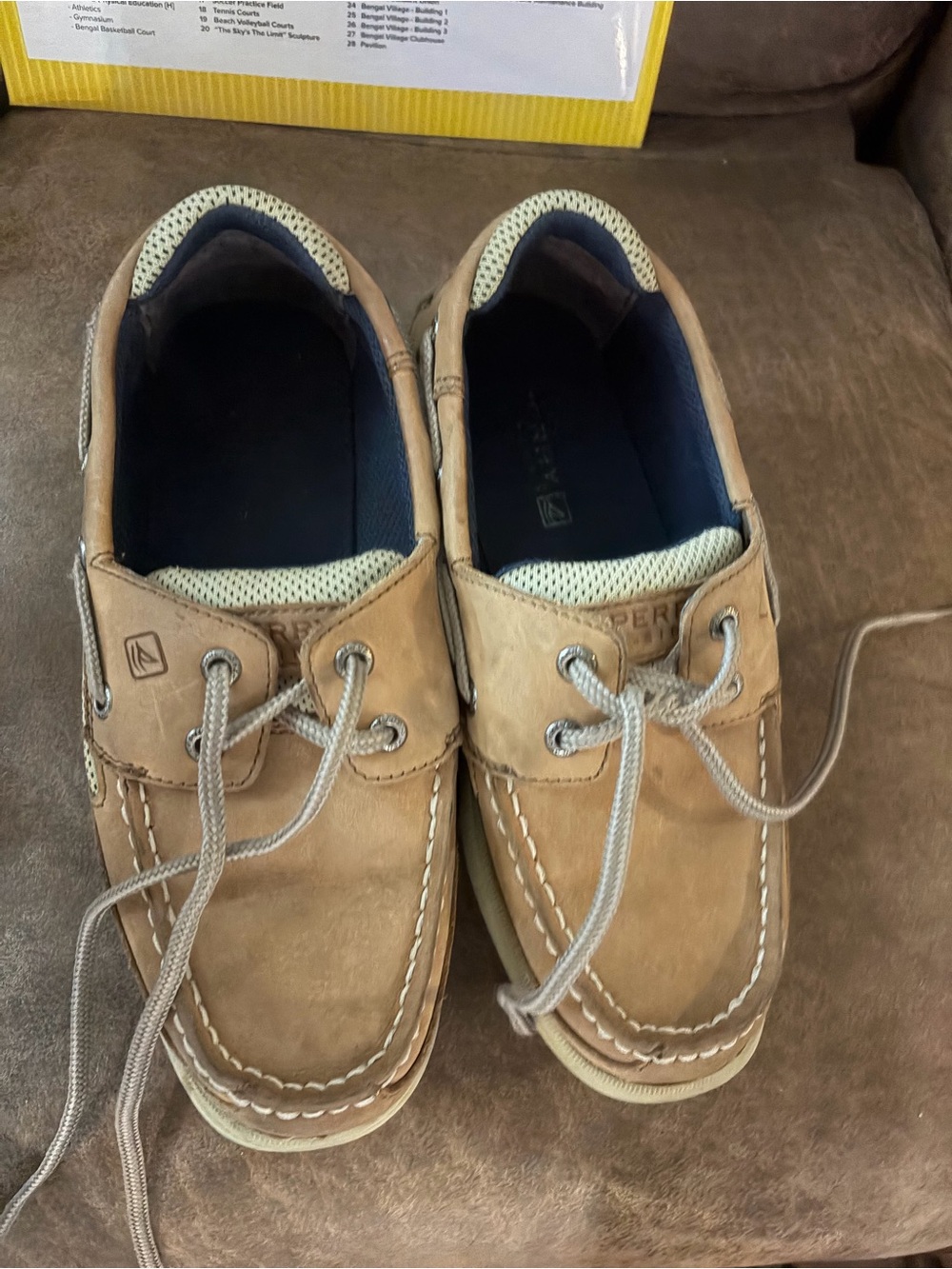 Kids Tan Leather Moccasin Boat Shoes with Navy Lining